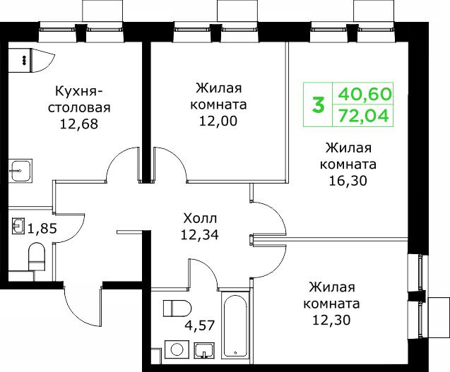 3-комнатная 72 м2 в ЖК Кит корпус null этаж 23