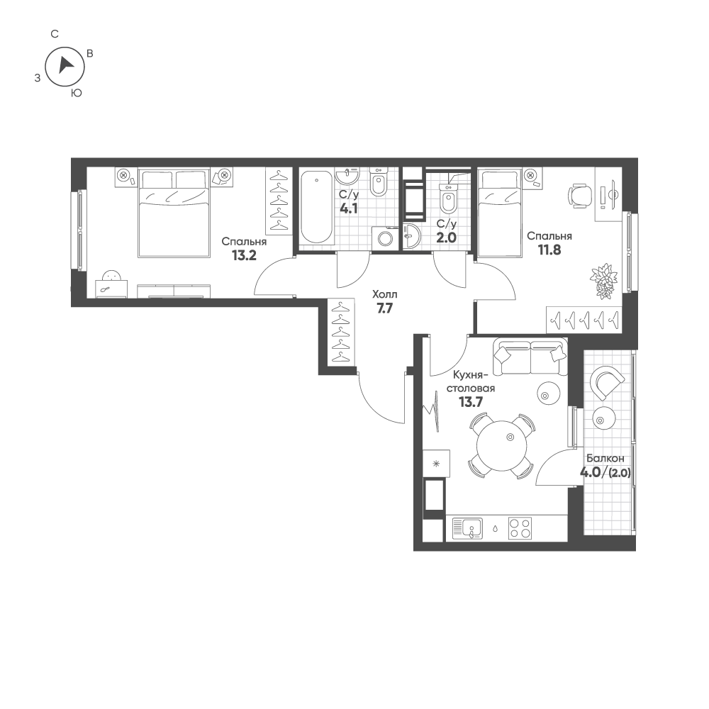 2-комнатная 54 м2 в ЖК Клюква.Парк корпус null этаж 7