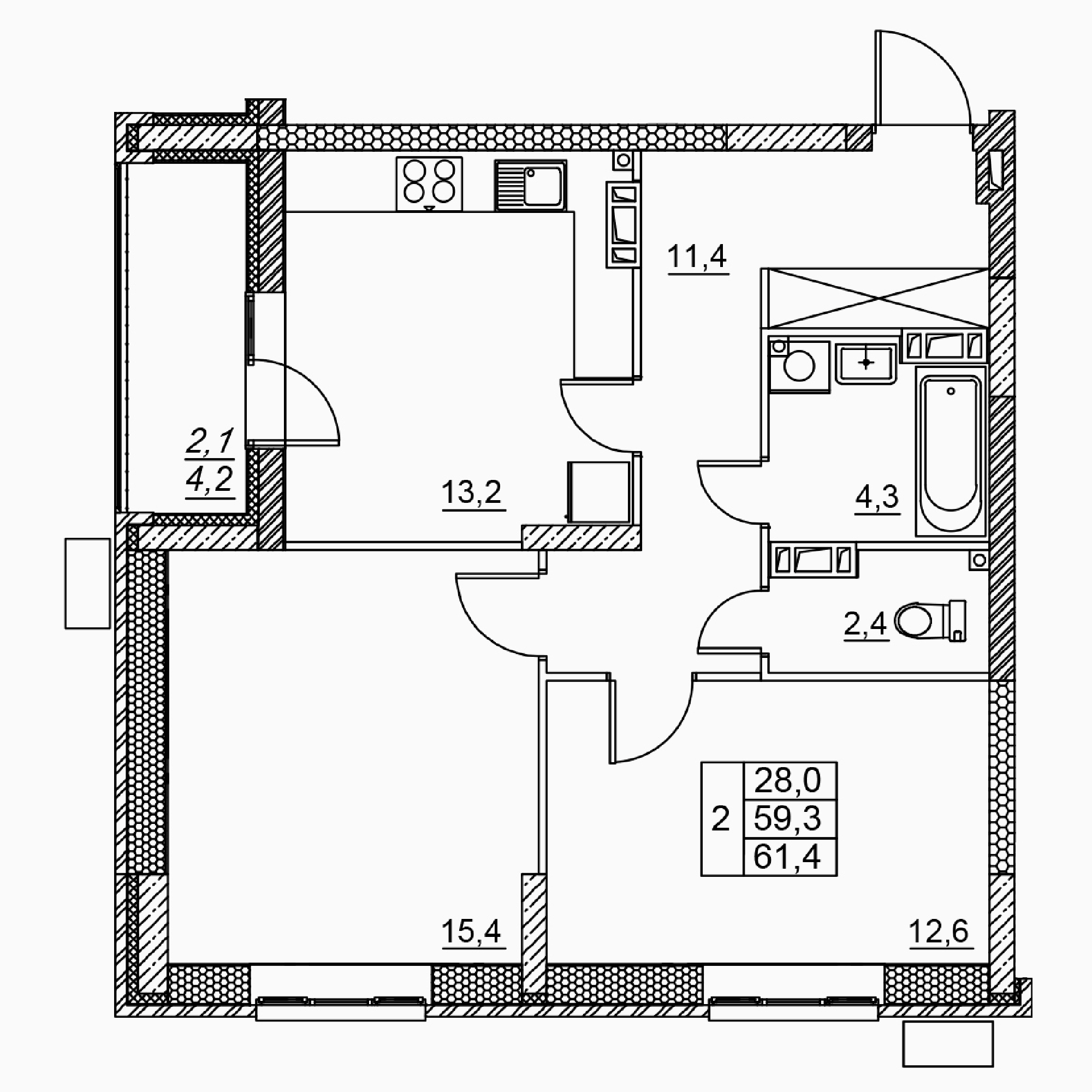 2-комнатная 61 м2 в ЖК Засекин корпус null этаж 12