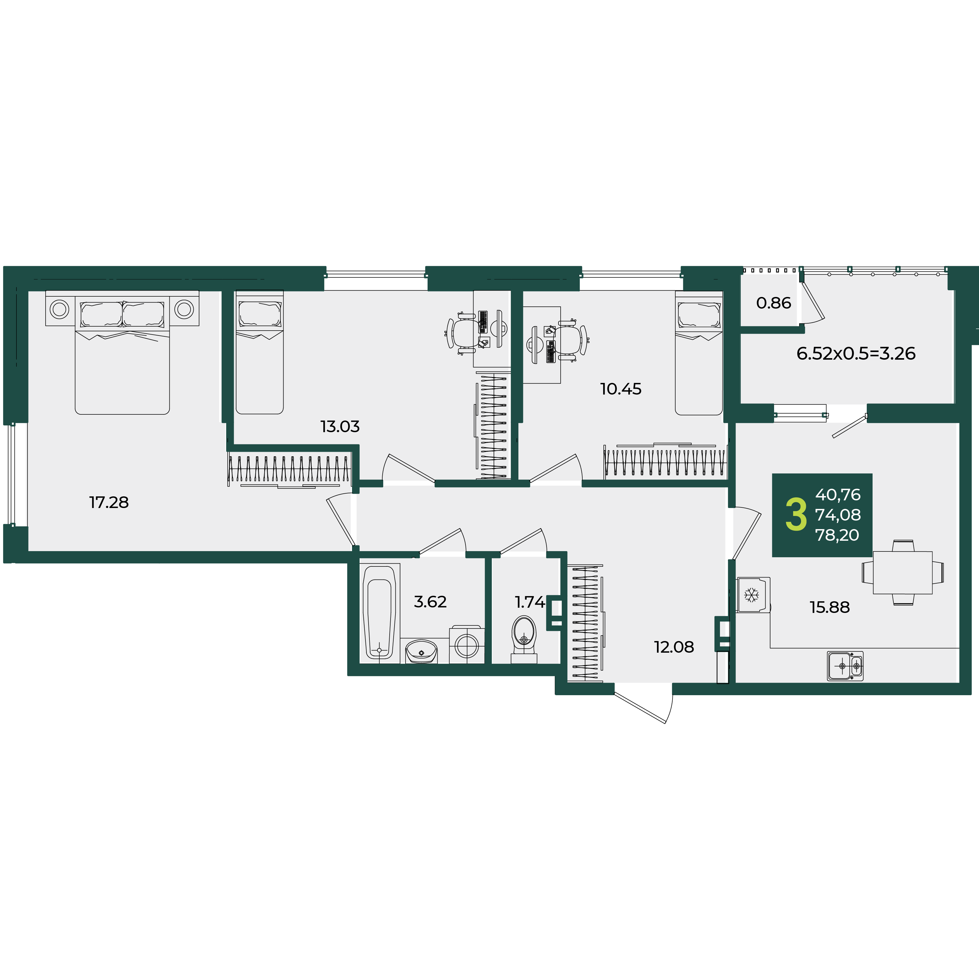 3-комнатная 78 м2 в ЖК Образцово корпус null этаж 4