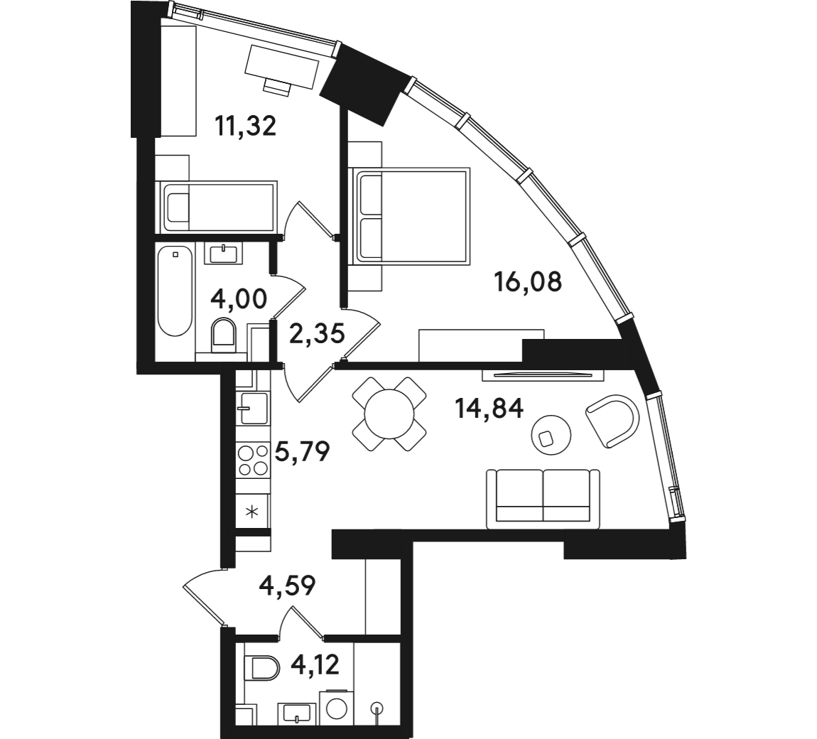 2-комнатная 63 м2 в ЖК Solos корпус null этаж 14