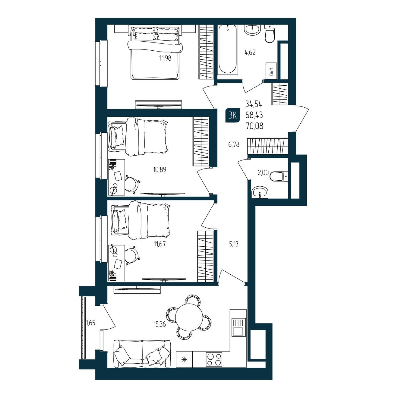 3-комнатная 68 м2 в ЖК Квартал Мятный корпус null этаж 25