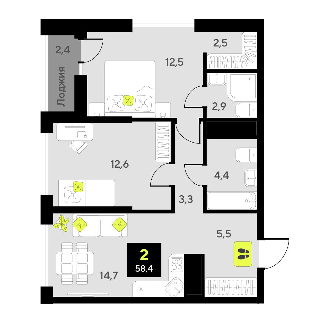 2-комнатная 58 м2 в ЖК Мотивы корпус null этаж 12