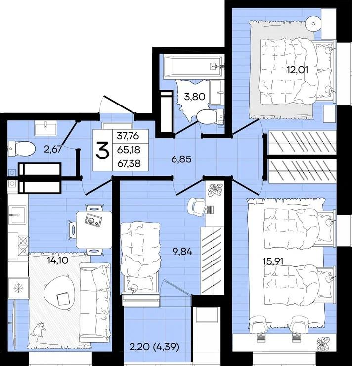 3-комнатная 67.4 м2 в ЖК undefined корпус null этаж 10