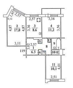 3-комнатная 62.8 м2 в ЖК undefined корпус null этаж 7
