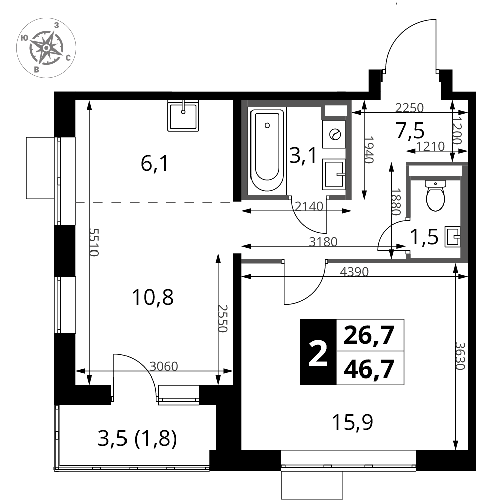 2-комнатная 46 м2 в ЖК 1-й Донской корпус null этаж 14