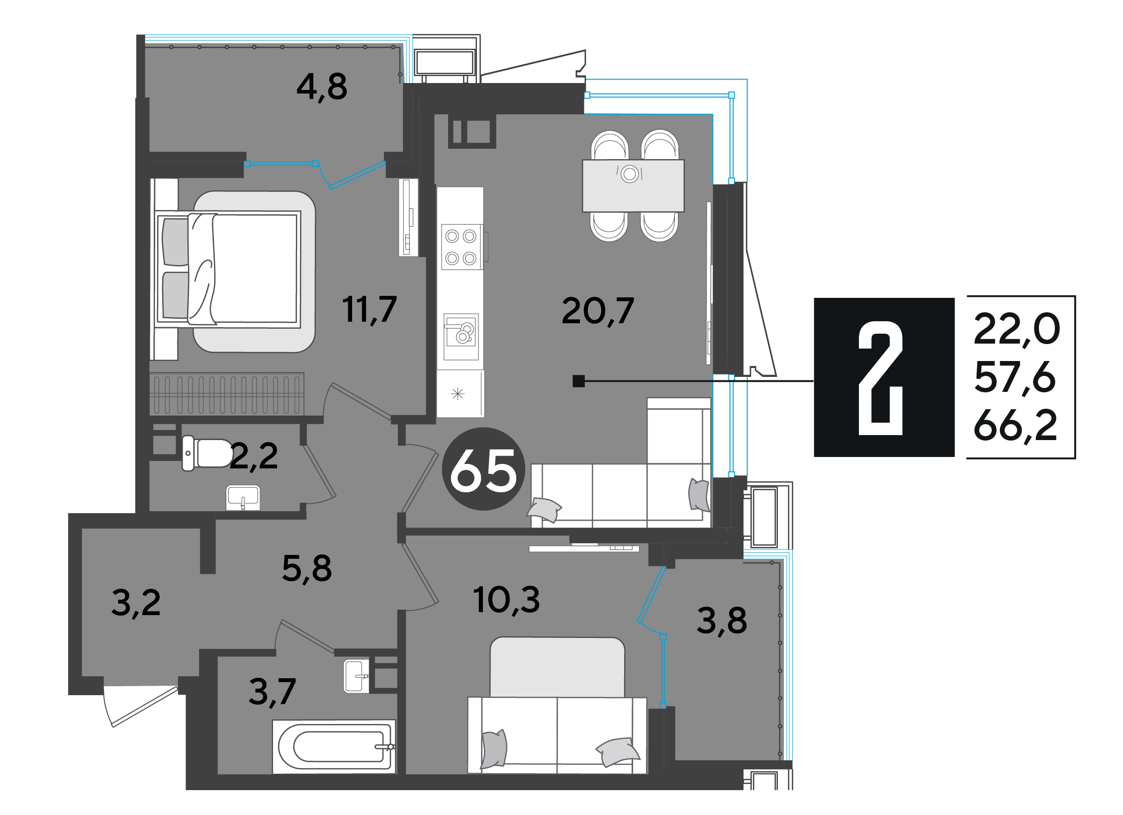 2-комнатная 66 м2 в ЖК Парк Победы 2 корпус null этаж 9