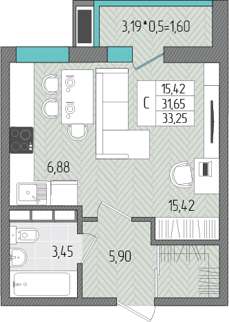 Студия 33 м2 в ЖК Сады у моря корпус null этаж 8