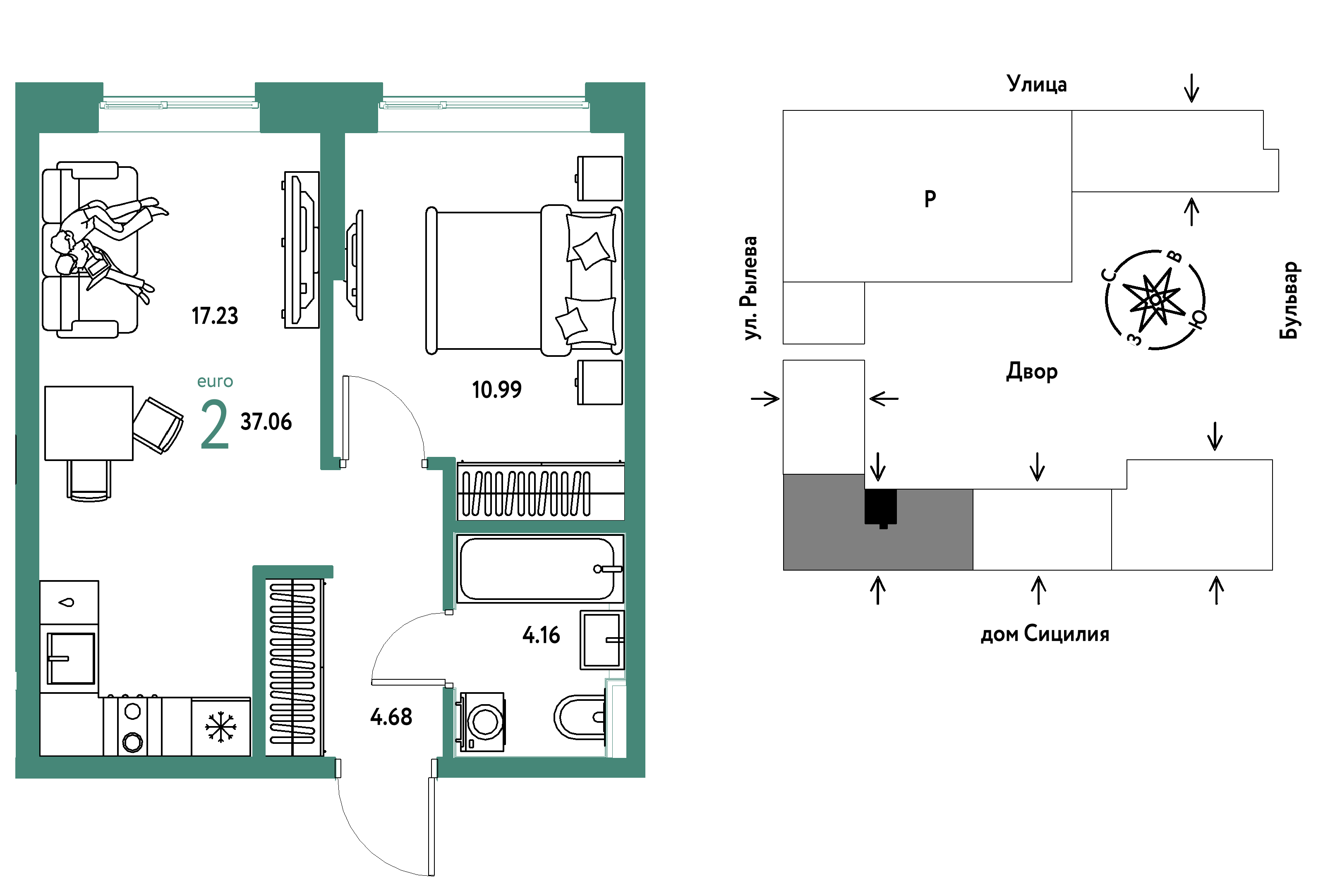 2-комнатная 37 м2 в ЖК Остров-сад корпус null этаж 10