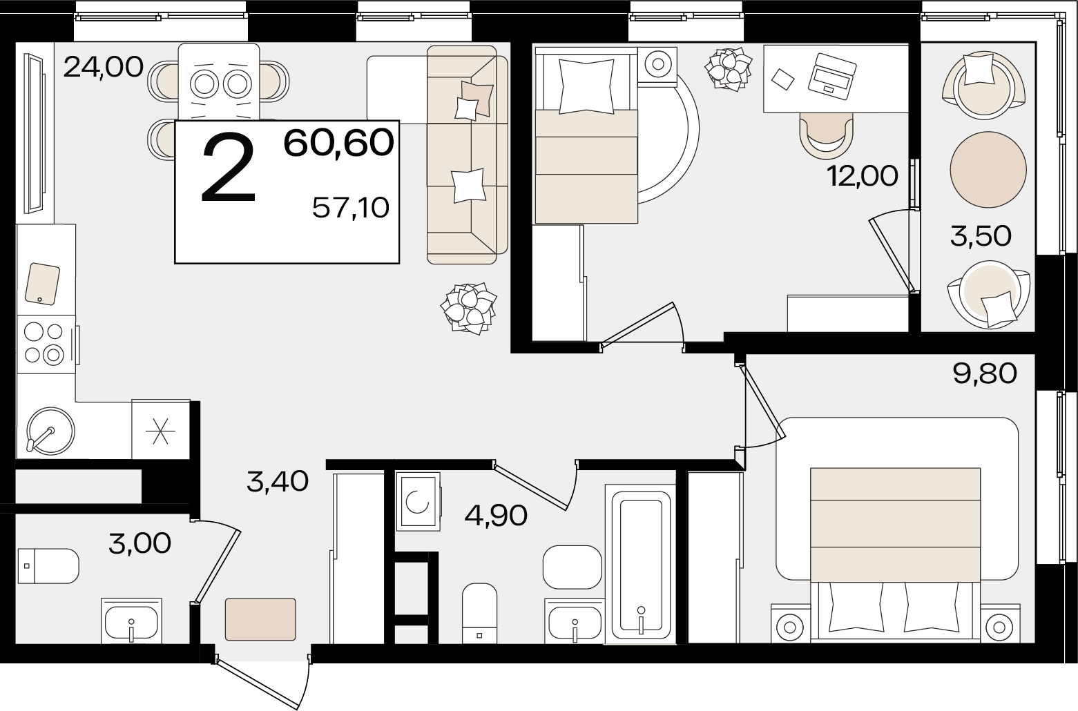 2-комнатная 60 м2 в ЖК Патрики корпус null этаж 2
