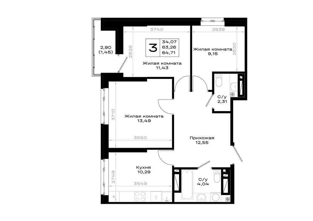 3-комнатная 64 м2 в ЖК Октябрь парк корпус null этаж 6