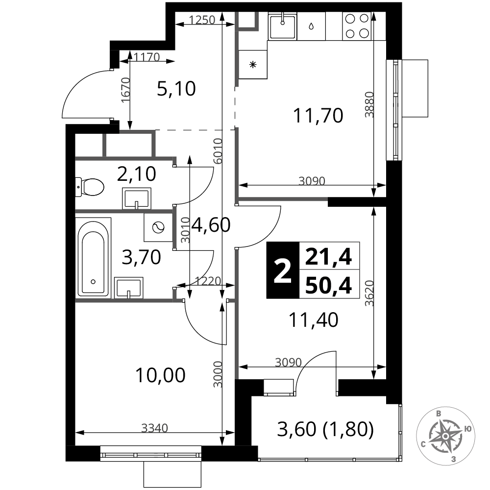 2-комнатная 50 м2 в ЖК 1-й Химкинский корпус null этаж 6