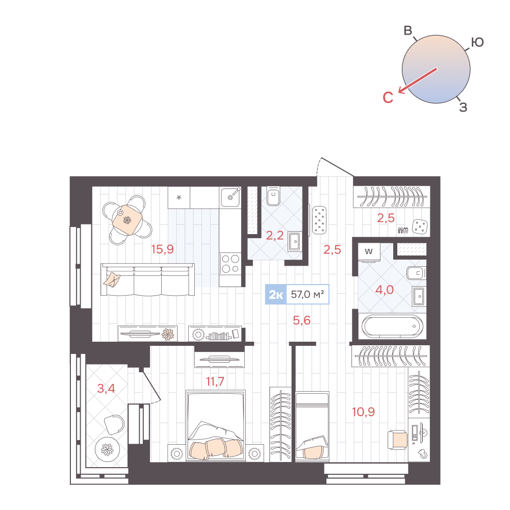 2-комнатная 57 м2 в ЖК ДА корпус null этаж 12