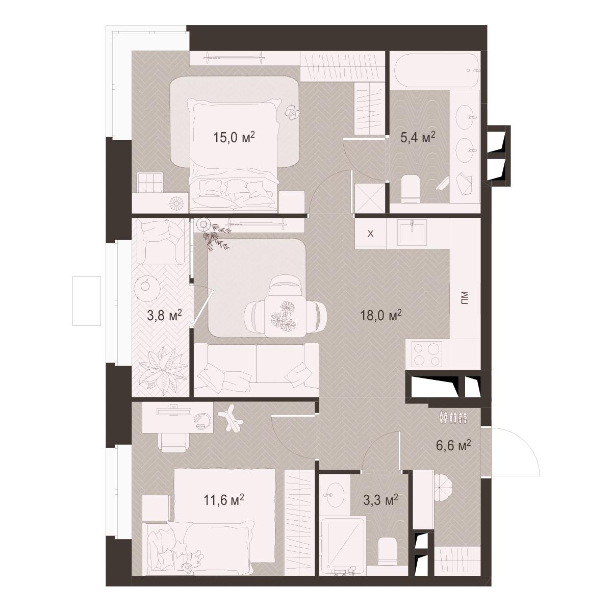 2-комнатная 63 м2 в ЖК Гранд Комфорт-3 корпус null этаж 13