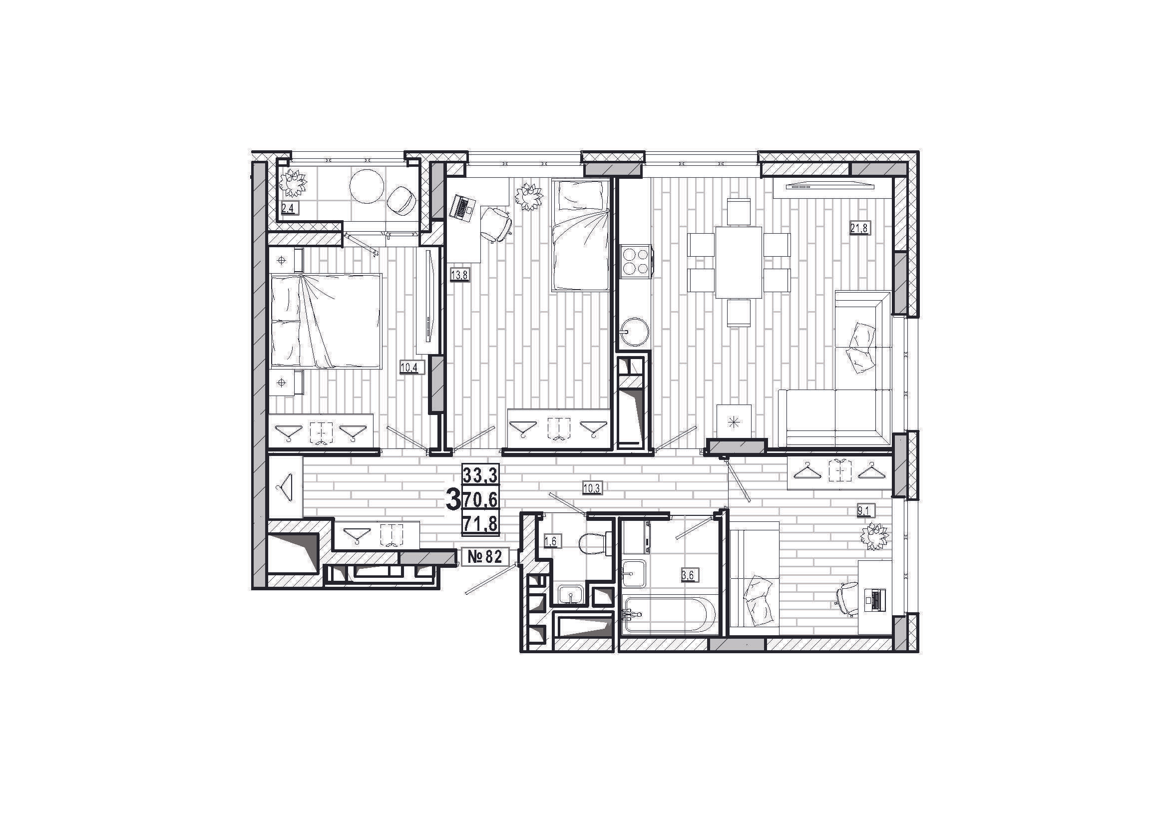 3-комнатная 71 м2 в ЖК Дом на Маяковского корпус null этаж 10