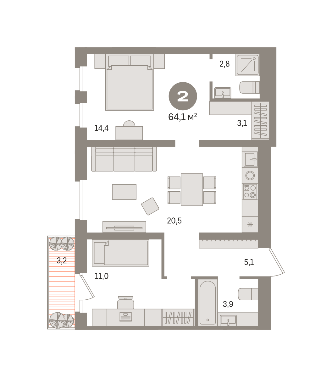 2-комнатная 64 м2 в ЖК Новин корпус null этаж 5