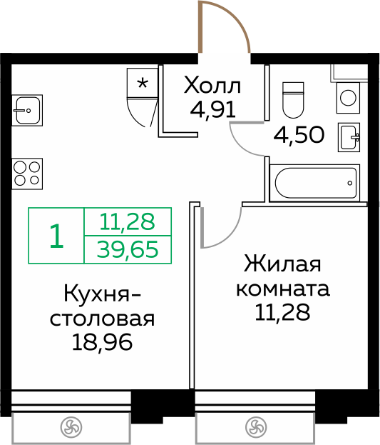 1-комнатная 38 м2 в ЖК Кит корпус null этаж 25