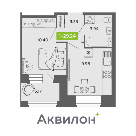 1-комнатная 29 м2 в ЖК Аквилон ROSA корпус null этаж 8