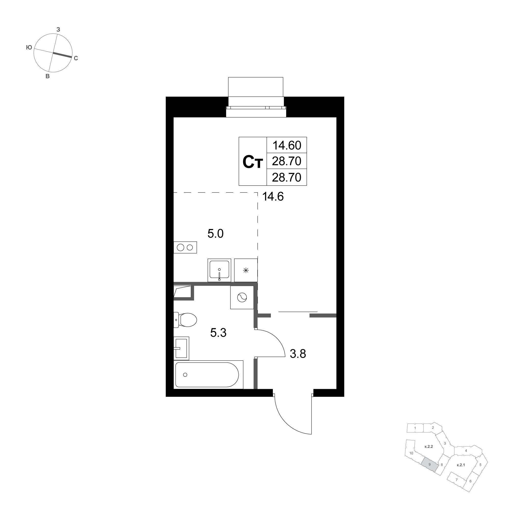 Студия 28 м2 в ЖК Кореневский Форт 2.3 корпус null этаж 1