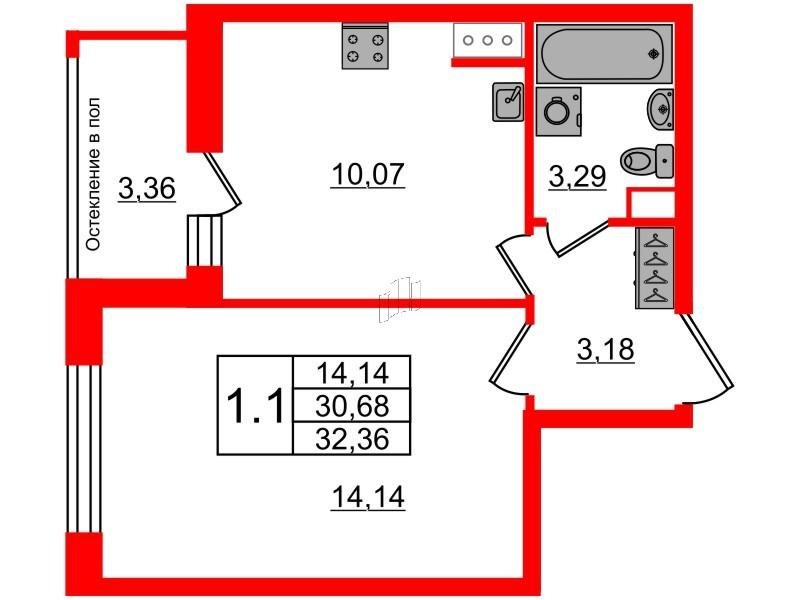 1-комнатная 30 м2 в ЖК Сенат корпус null этаж 10