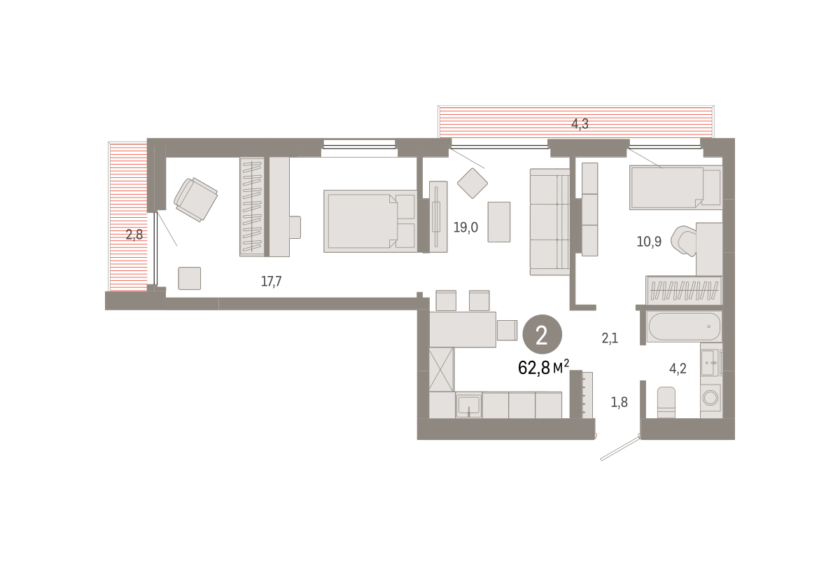 2-комнатная 62 м2 в ЖК Лебедевский корпус null этаж 6