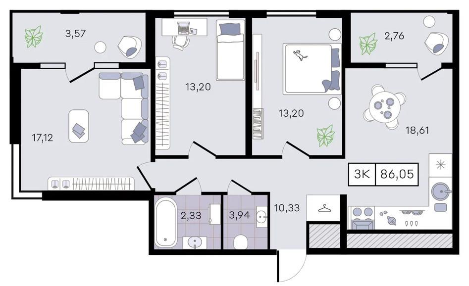 3-комнатная 86 м2 в ЖК undefined корпус null этаж 6