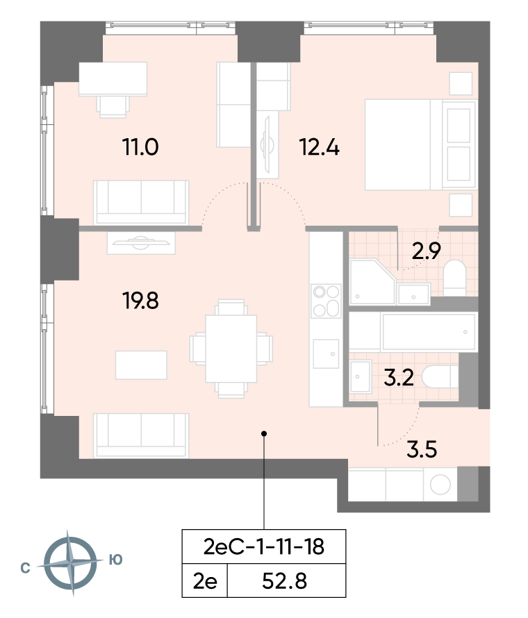 2-комнатная 53 м2 в ЖК Вейв корпус null этаж 14