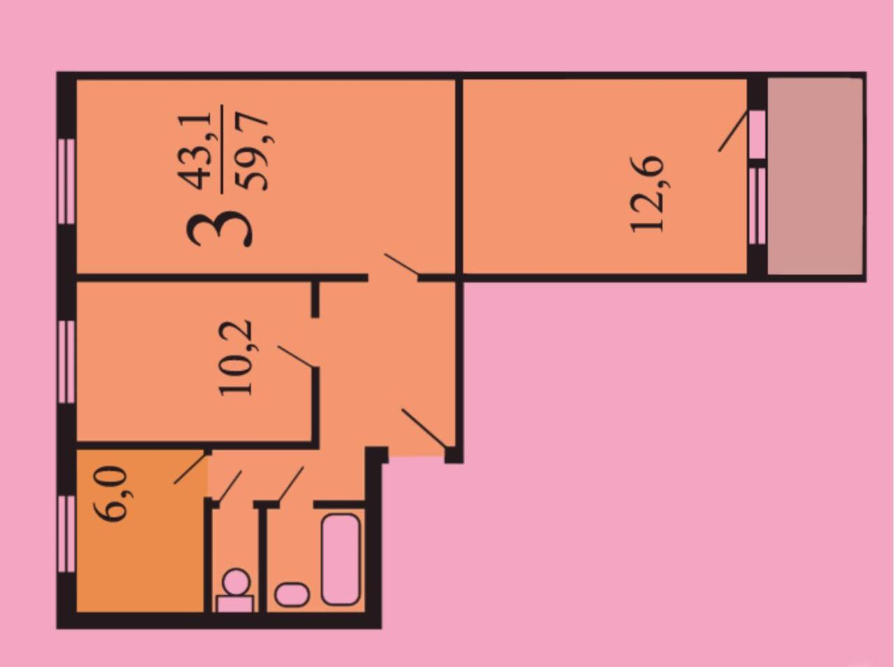 3-комнатная 59.8 м2 в ЖК undefined корпус null этаж 12