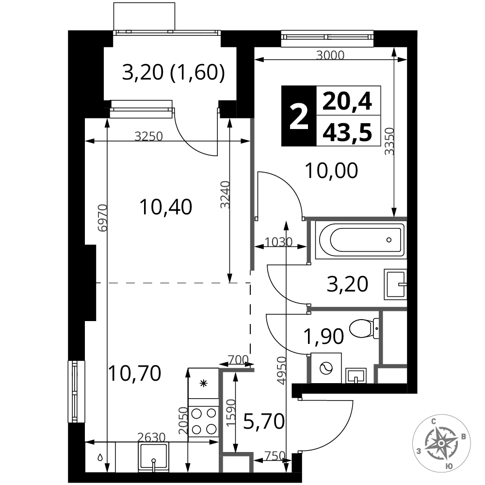 2-комнатная 43 м2 в ЖК 1-й Химкинский корпус null этаж 4
