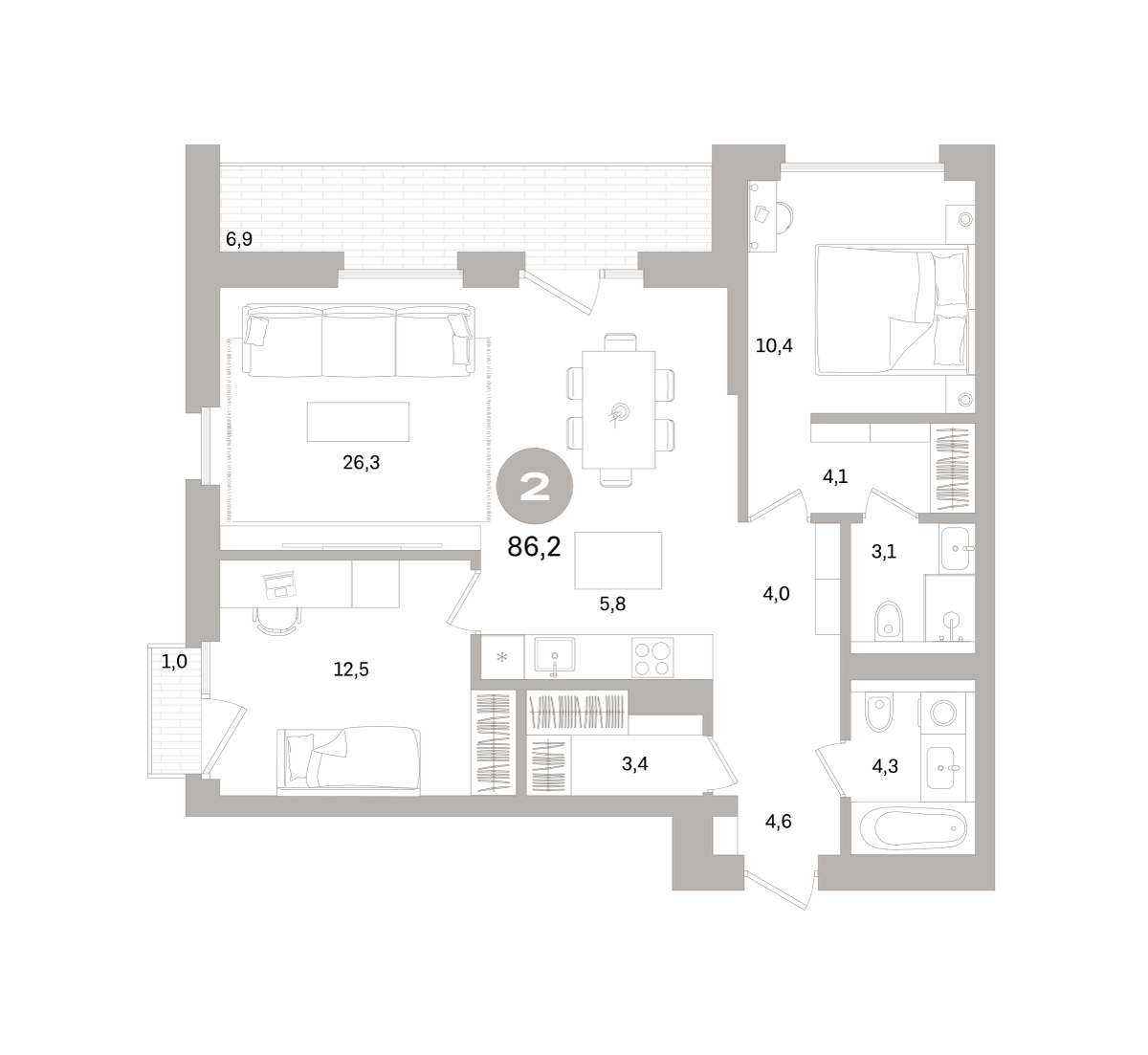 2-комнатная 86 м2 в ЖК Северный ветер корпус null этаж 3