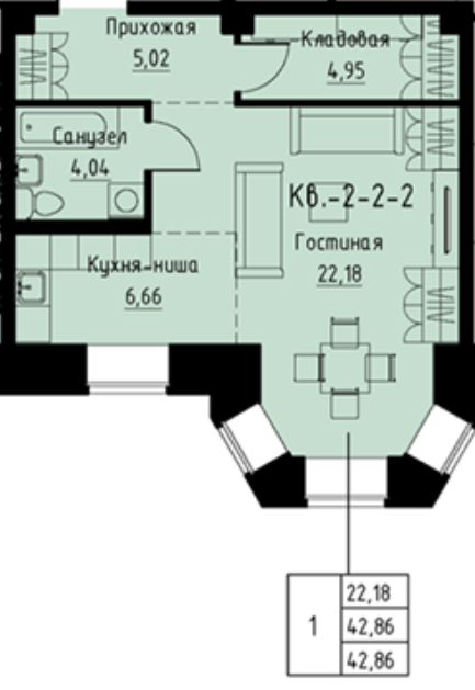1-комнатная 42.9 м2 в ЖК undefined корпус null этаж 2