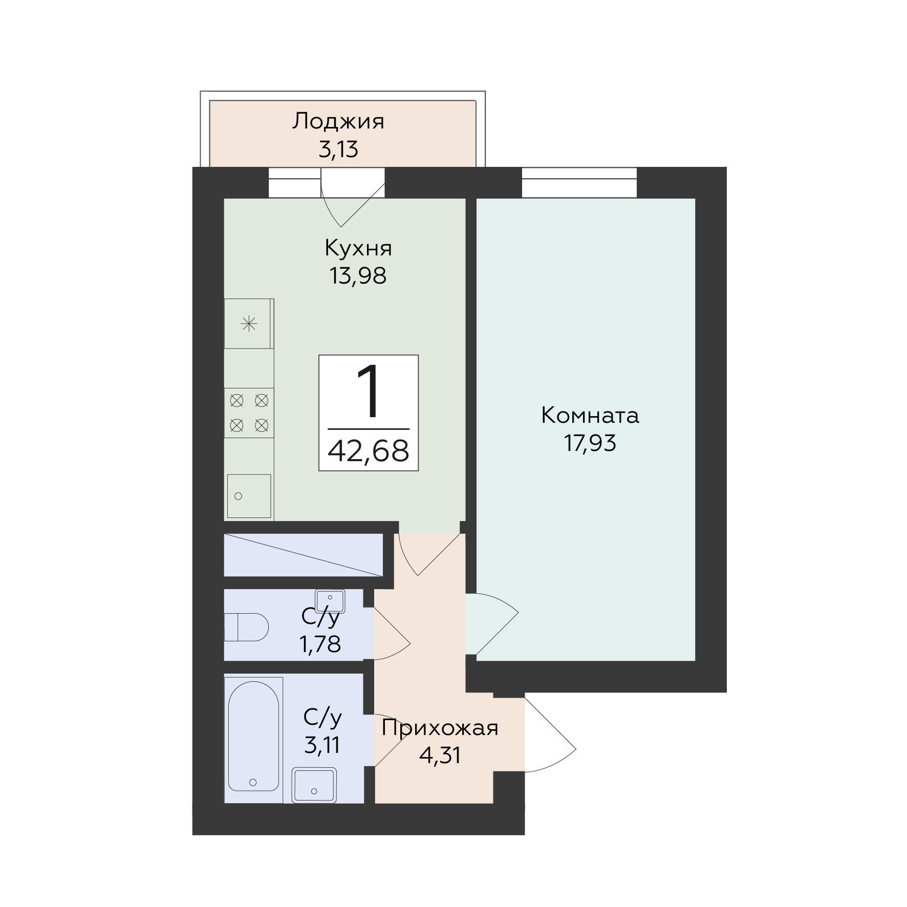1-комнатная 42 м2 в ЖК Юность корпус null этаж 12