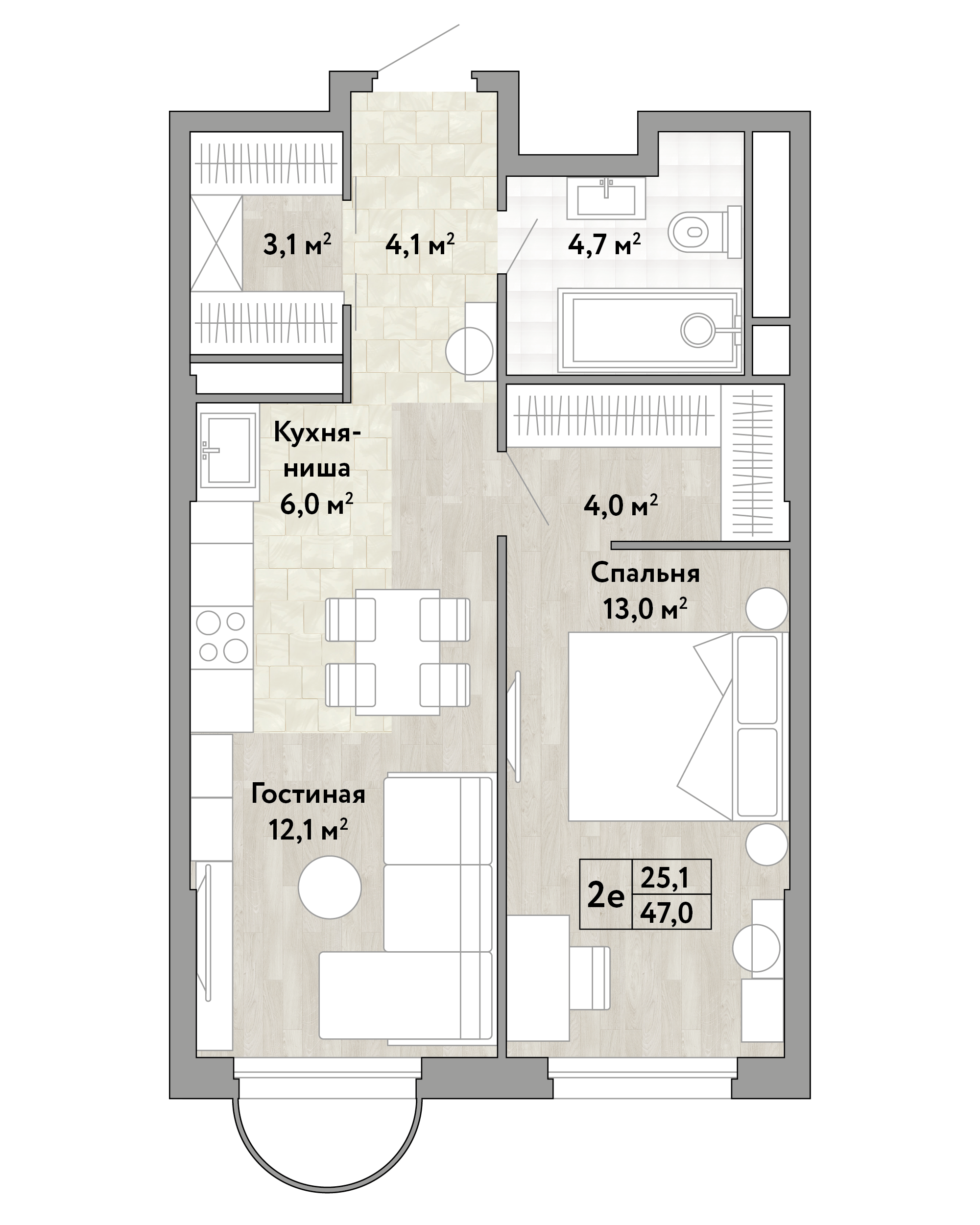 1-комнатная 47 м2 в ЖК Новые Смыслы корпус null этаж 4