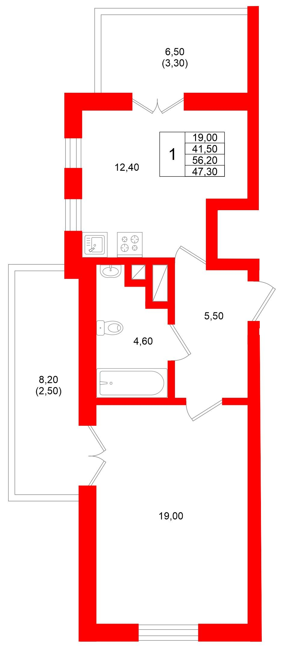 1-комнатная 47 м2 в ЖК Фридланд корпус null этаж 4