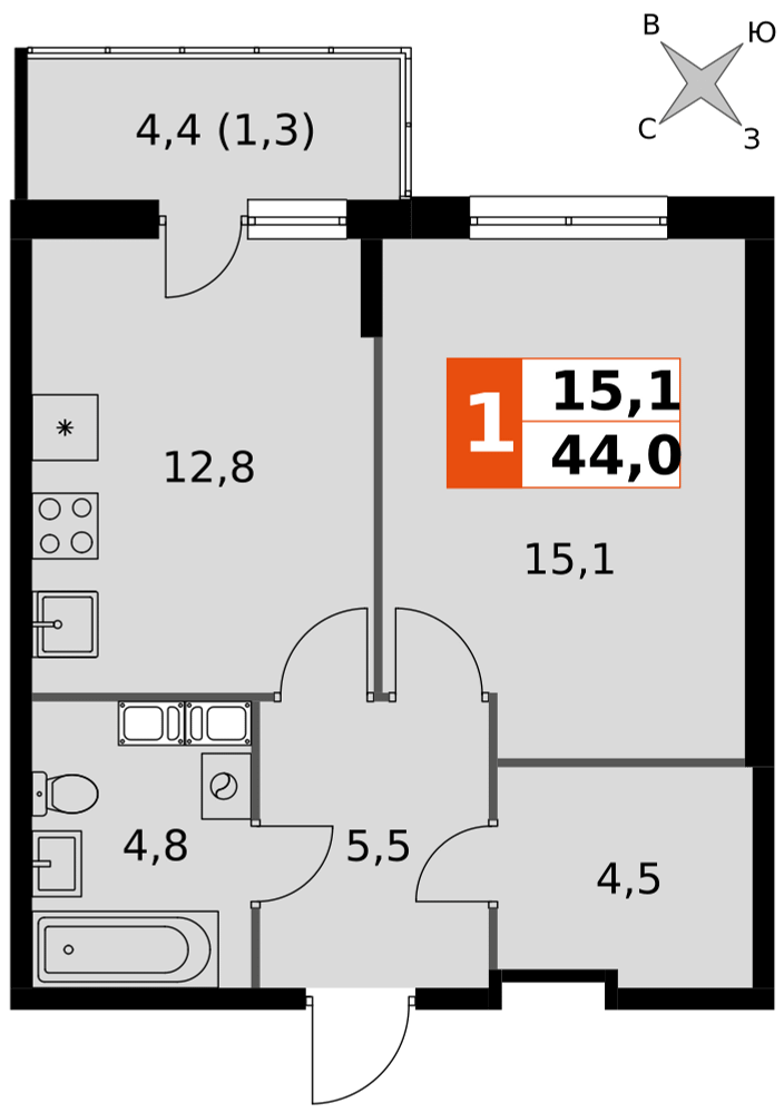 1-комнатная 44 м2 в ЖК Олимп (Обнинск) корпус null этаж 11