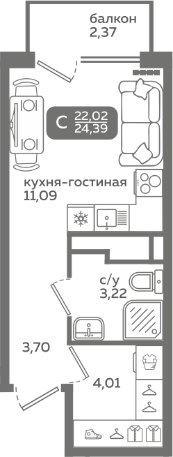 Студия 22 м2 в ЖК Меридиан Слобода корпус null этаж 13