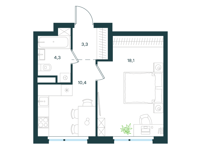 1-комнатная 36 м2 в ЖК Левел Лесной корпус null этаж 10