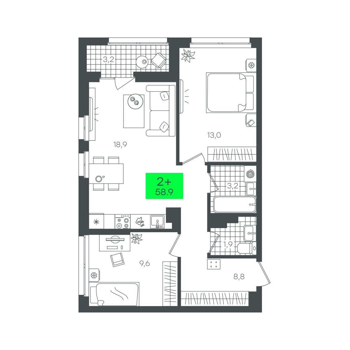 2-комнатная 58 м2 в ЖК Сезоны корпус null этаж 13