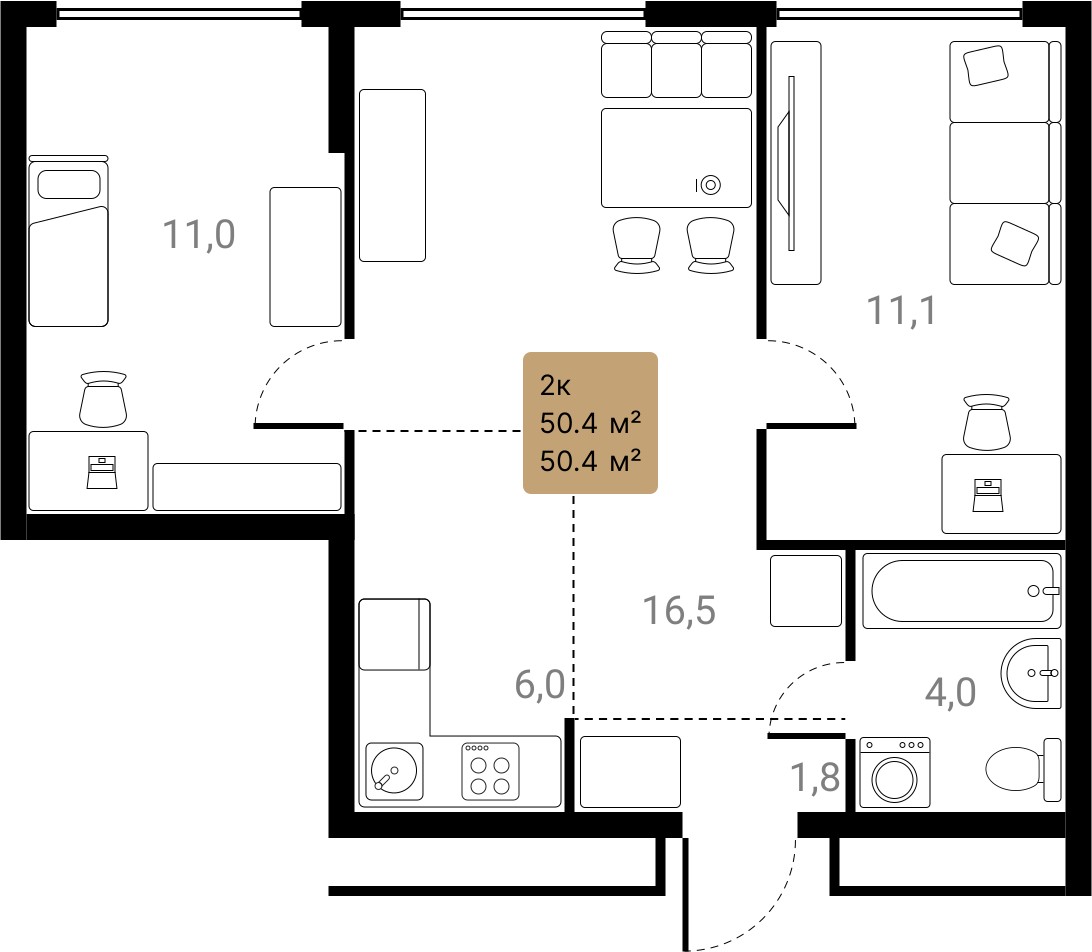 2-комнатная 50 м2 в ЖК Лесная коллекция корпус null этаж 24