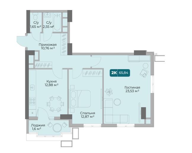 2-комнатная 65.8 м2 в ЖК undefined корпус null этаж 12