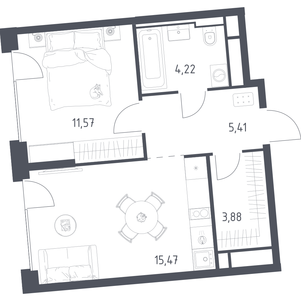 1-комнатная 40 м2 в ЖК Квартал на воде корпус null этаж 2