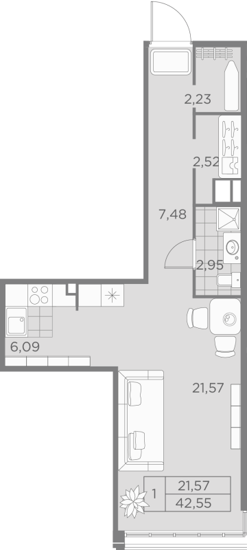 Студия 42 м2 в ЖК Akzent корпус null этаж 2