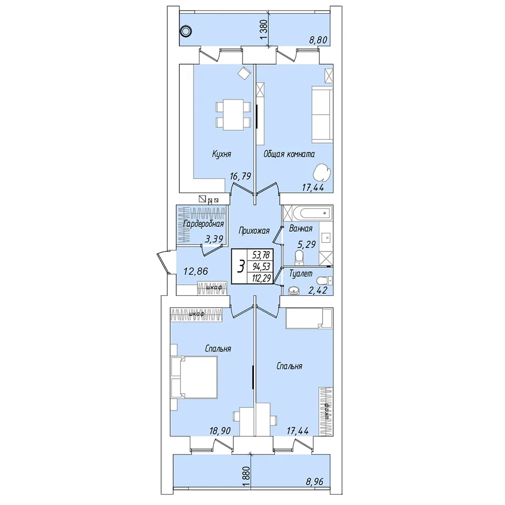 3-комнатная 112 м2 в ЖК «Мирный» поз. 27 корпус null этаж 2