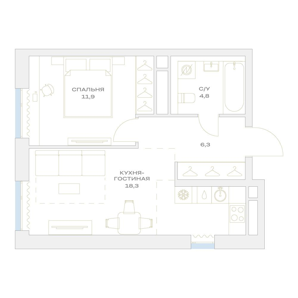 2-комнатная 41 м2 в ЖК Детали корпус null этаж 21