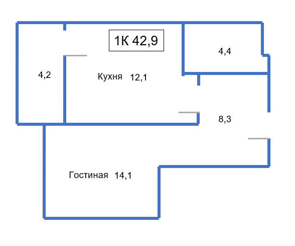 1-комнатная 42.9 м2 в ЖК undefined корпус null этаж 8