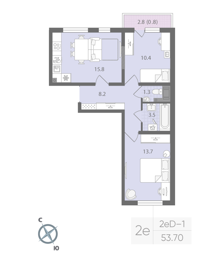 2-комнатная 53 м2 в ЖК Ручьи (2 оч.) корпус null этаж 16