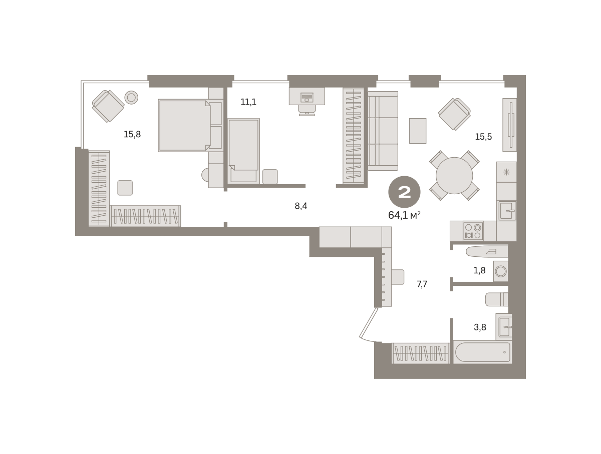 2-комнатная 64 м2 в ЖК Квартал Герцена корпус null этаж 6