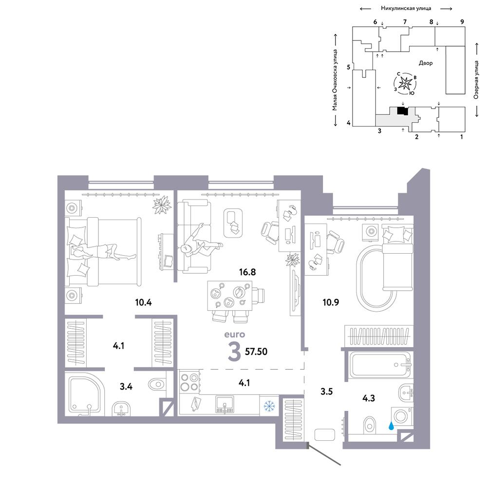 3-комнатная 57 м2 в ЖК Страна.Озёрная корпус null этаж 4