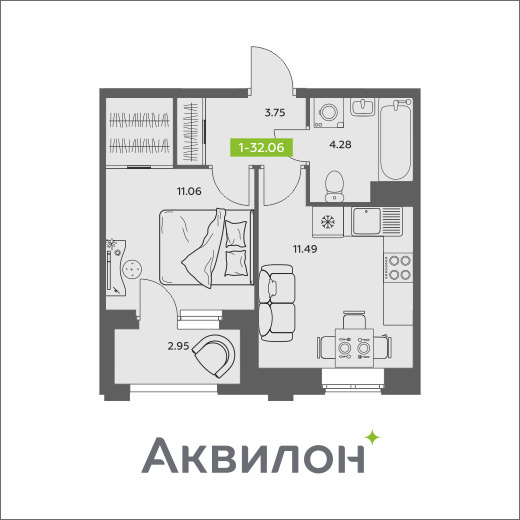 1-комнатная 32 м2 в ЖК Аквилон АКВАРТАЛ корпус null этаж 8