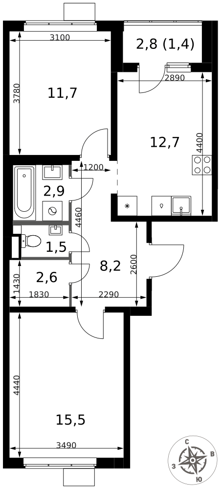 2-комнатная 56 м2 в ЖК 1-й Химкинский корпус null этаж 3